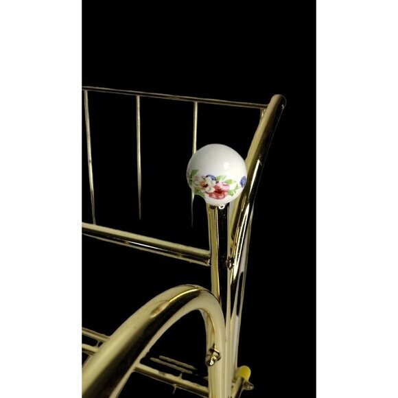 VTG MCM Gold Brass Tone Magazine Holder Porcelain Floral Ball Hollywood Regency - Picture 2 of 11